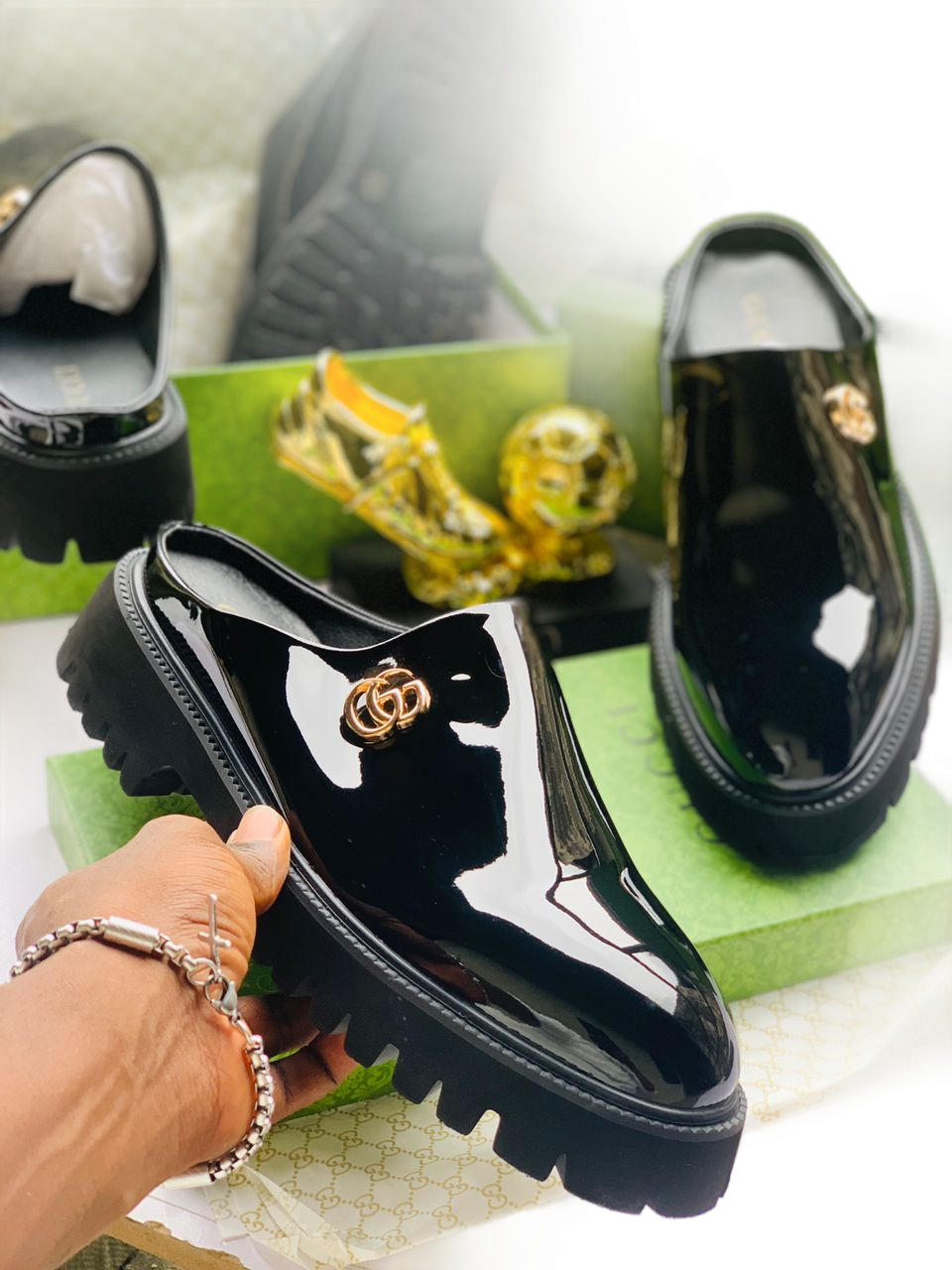 Men's Classic Shiny Black Loafers with Decorative Buckle