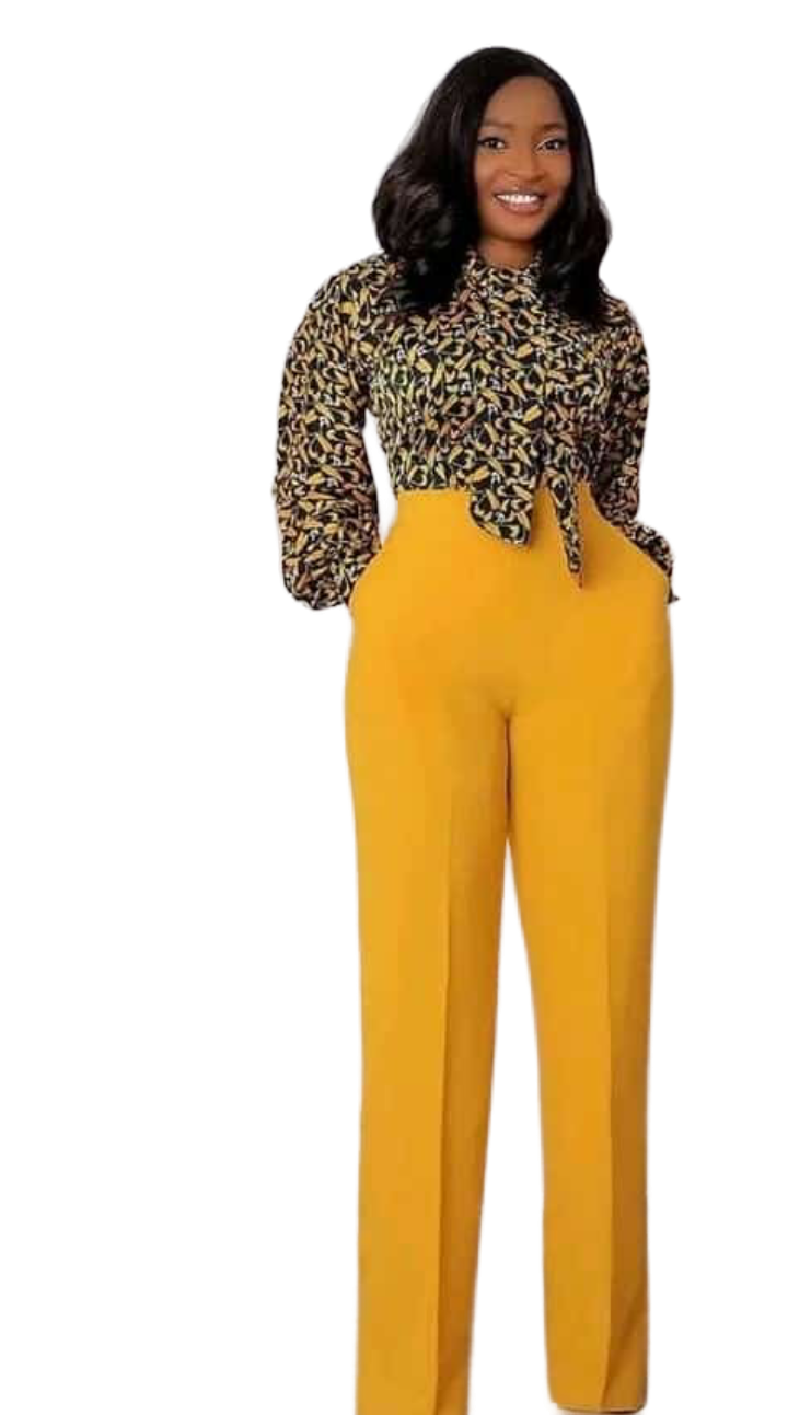 Women's Mustard Yellow High-waist Trousers with Printed Long Sleeve Blouse