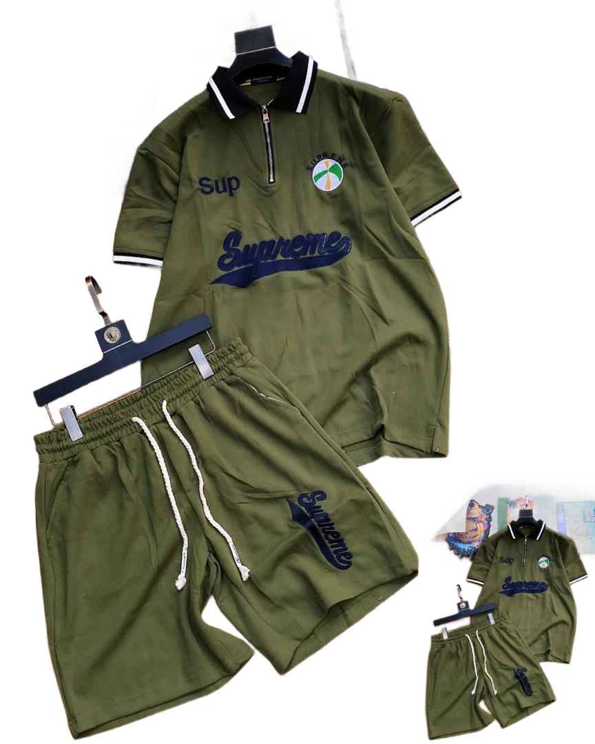 Supreme Brand Olive Green Polo and Shorts Casual Sportswear Set
