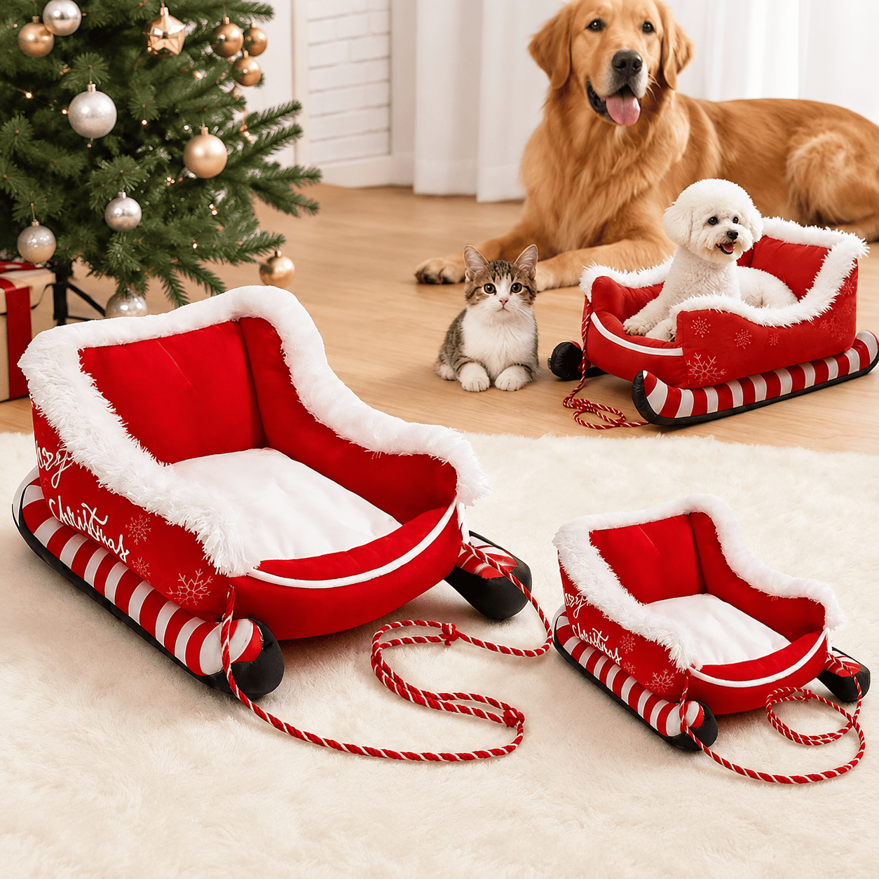 Christmas Sleigh Dog Bed Warm Washable Pet Bed