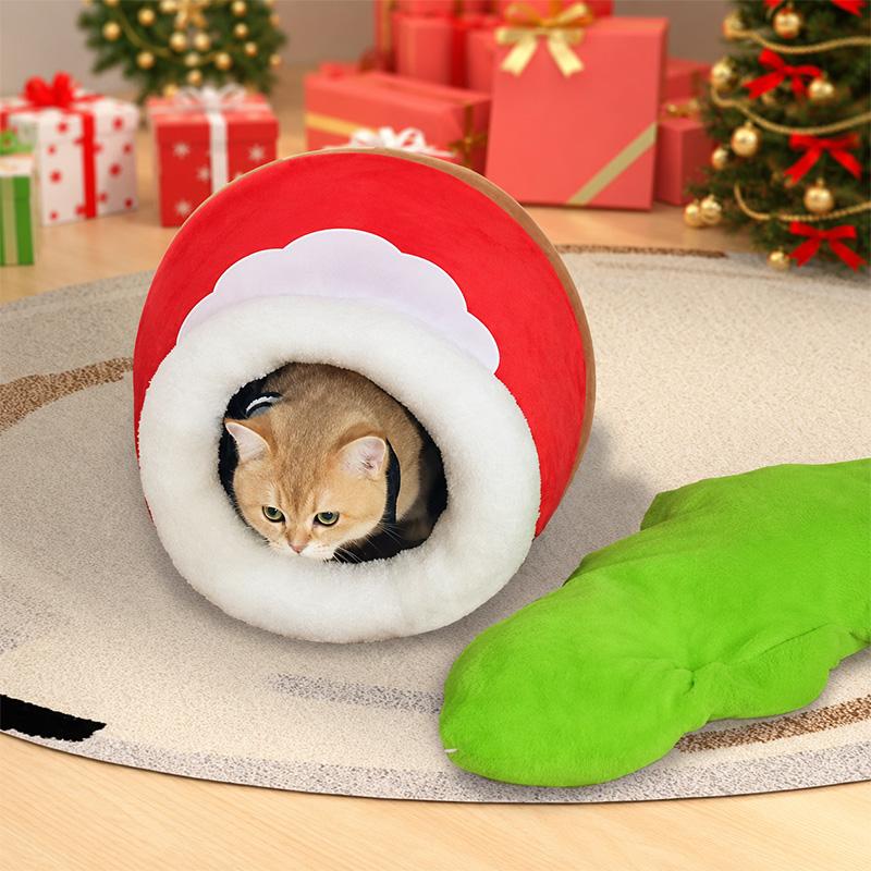 Christmas Cat Cave Bed | Warm Plush Enclosed Cat House