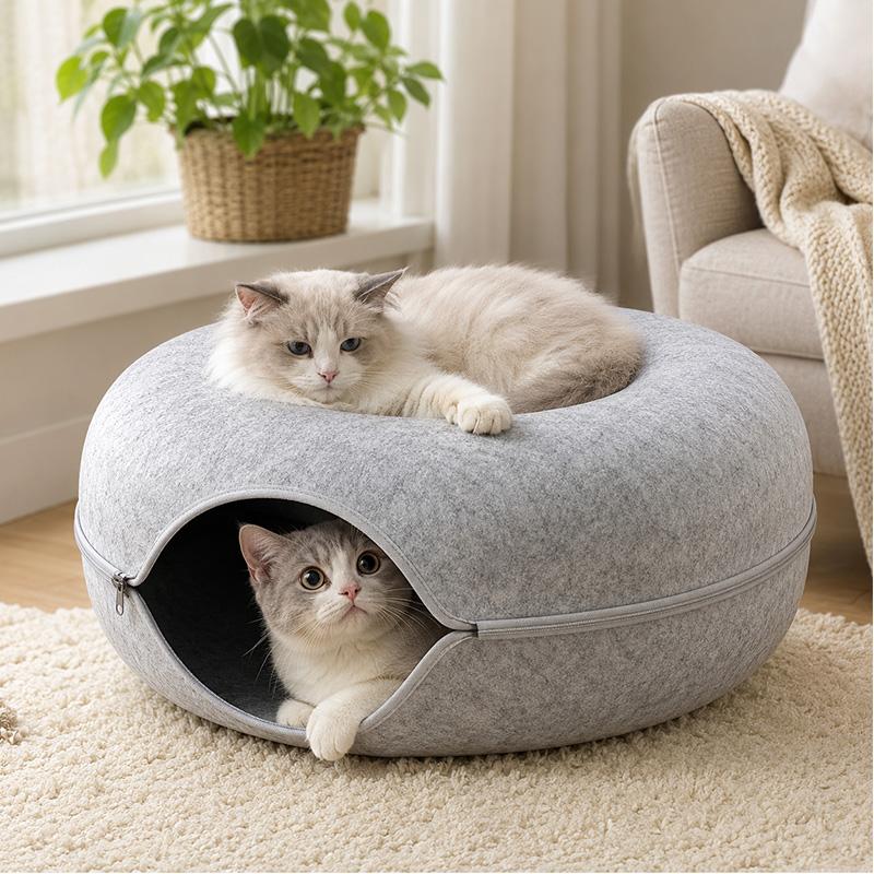 Donut Felt Cat Bed | 3-in-1 Tunnel & Hideaway
