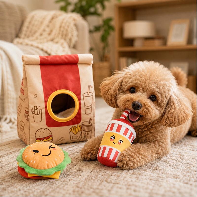 Fast Food Hide-and-Seek Dog Toy Set | Plush Squeaky Toys