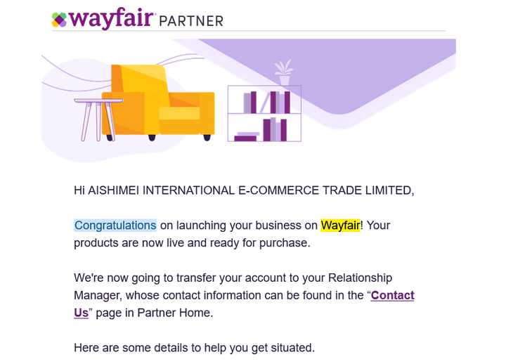 wayfair平台成功入驻以后的邮件