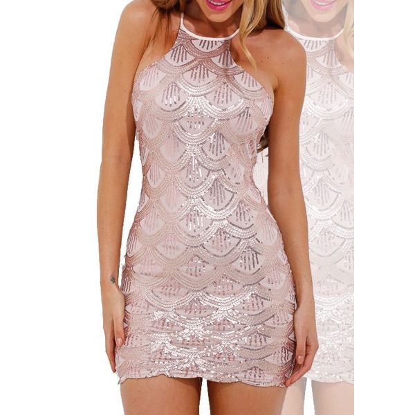 Gold High-Neck Waves Sequin Dress