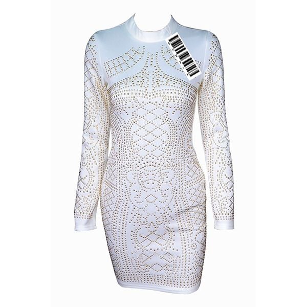 White And Gold Stud Detail High Neck Mini Dress