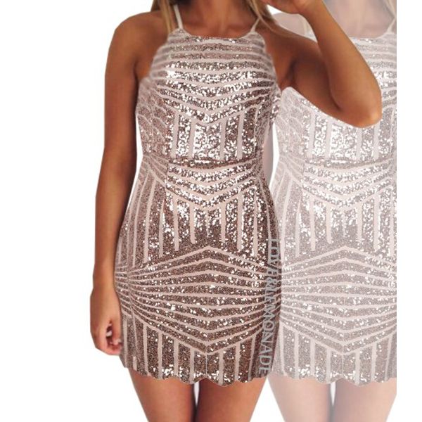 Gold Geometric Sequined Spaghetti Strap Scoop Neck X Back Bodycon Mini Dress