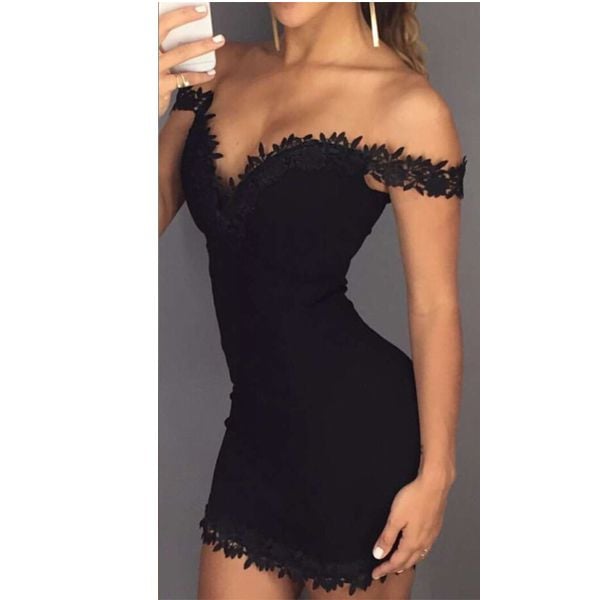 Black V-Neck Floral Stitching Bodycon Dress