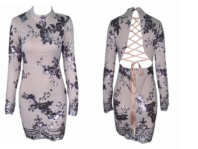 Silver Backless Sequined Nippon Flower Dress