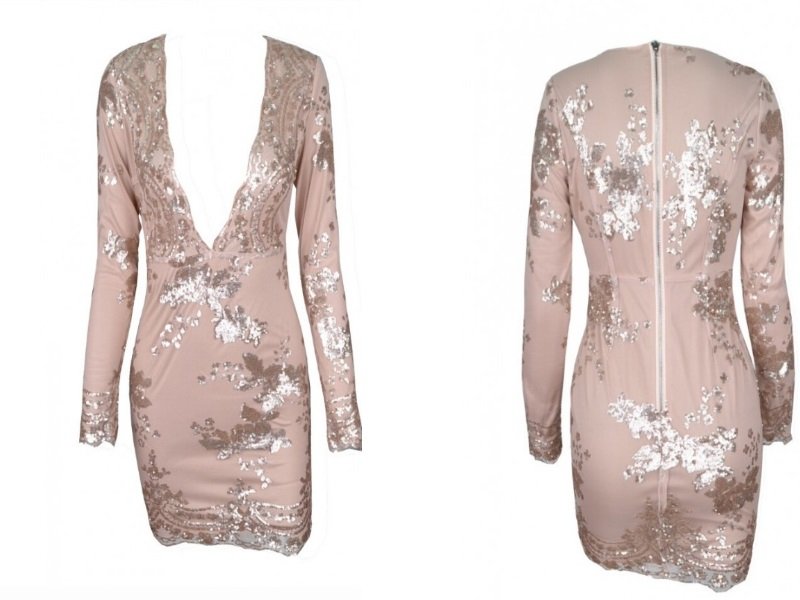 Gold Sequined Nippon Flower V-neck Dress