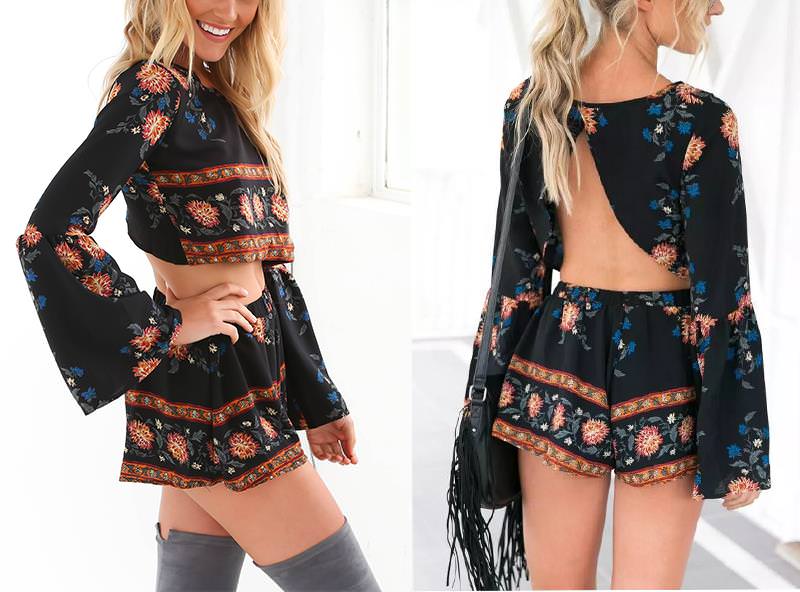 Black Backless Visaya Shorts Top Set Mura Boho Long Sleeve
