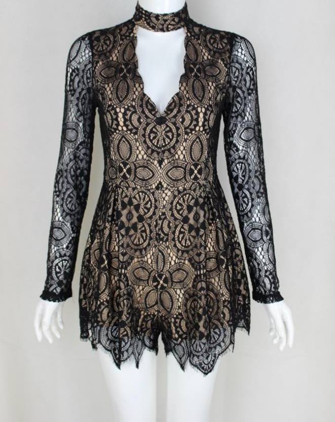 Black Decorative Lace Long Sleeves Playsuit