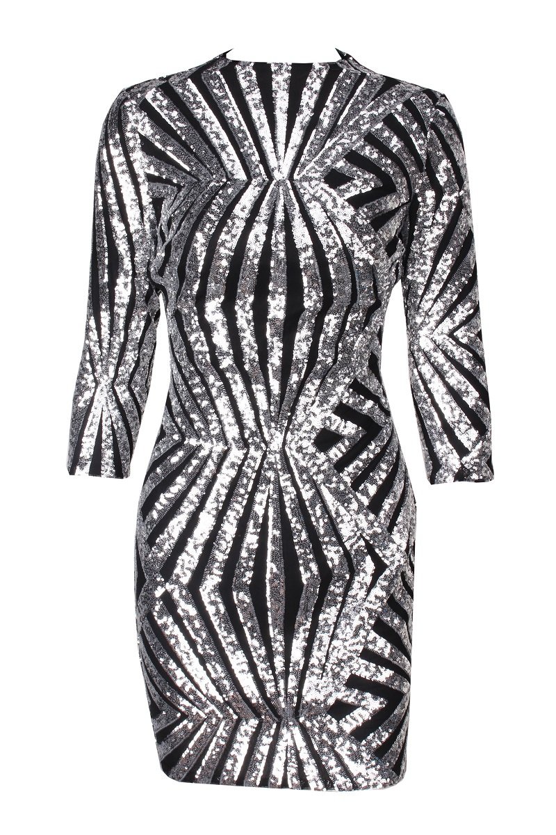 Black Geometric Sequined and Mesh Bodycon Dress