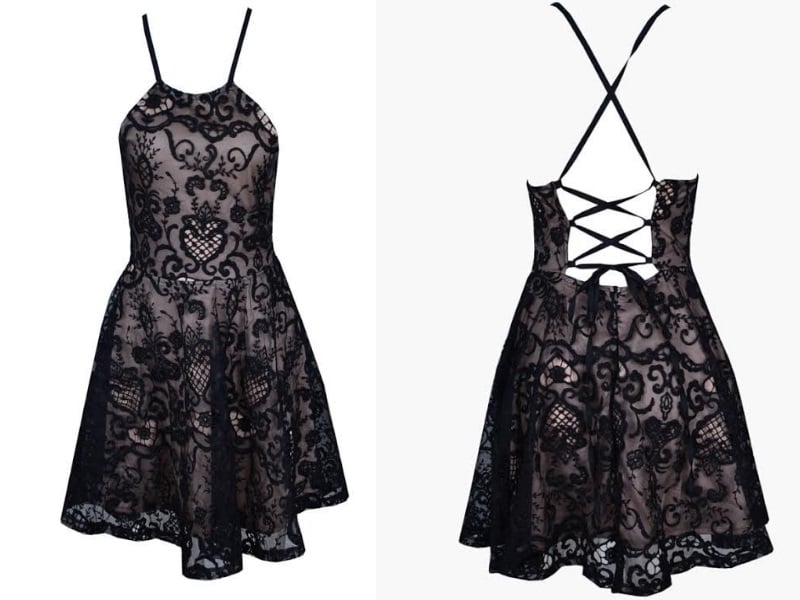 Black Puff Lace Halter Dress