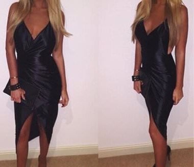 Black Satin Wrap Bodycon Dress