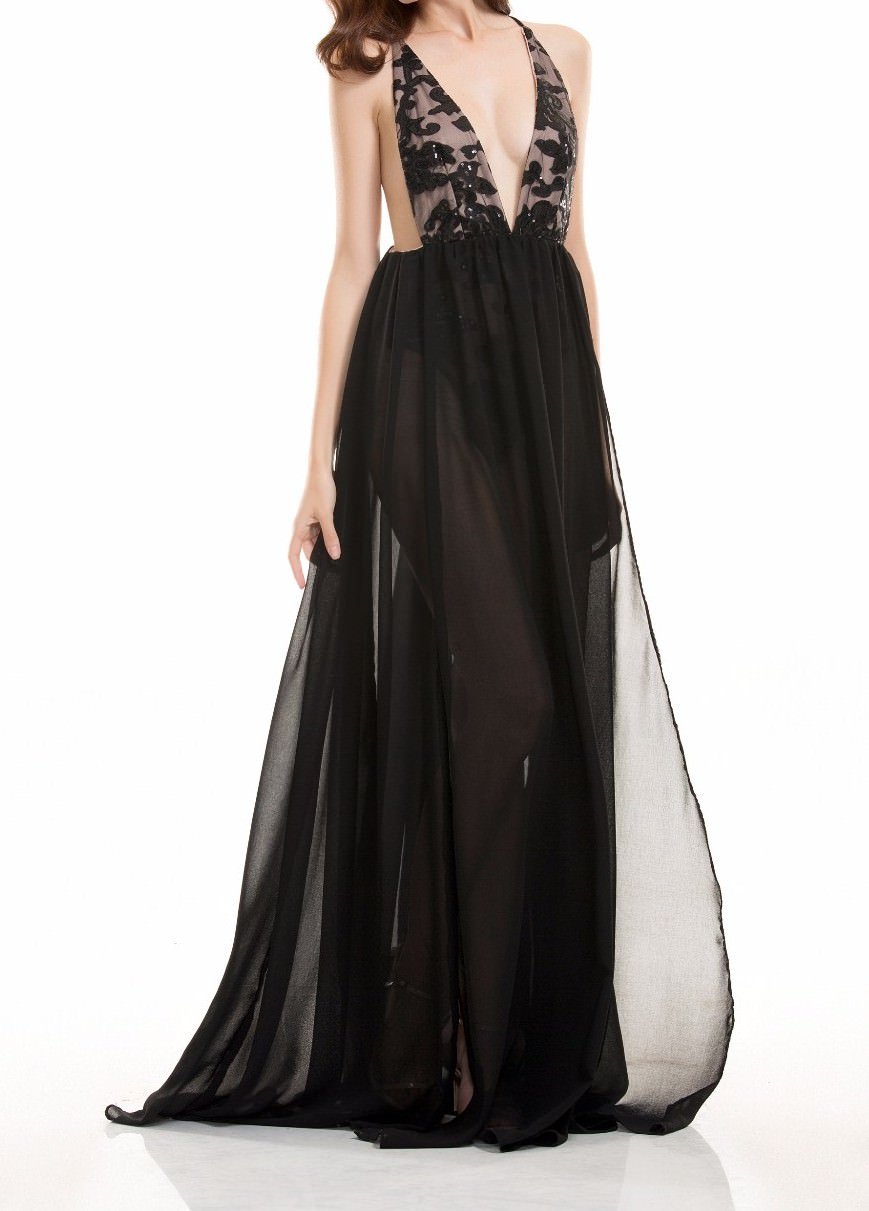 Black Sequined Maxi Slit Elegant Dress