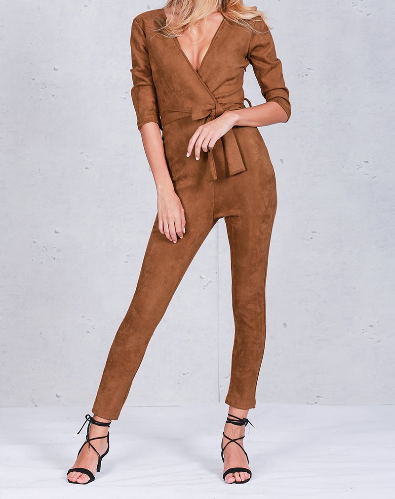 Brown Suede Playsuit Front Deep V With Belt