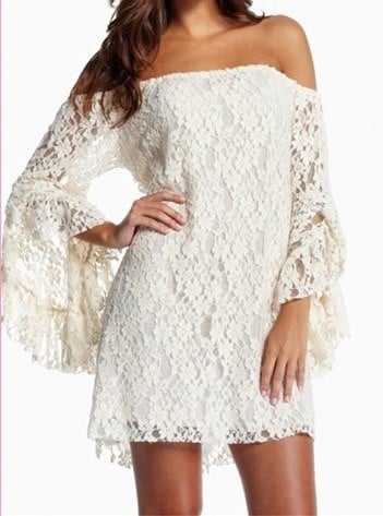 Cream Lace Off-The-Shoulder Mini Dress with uffled sleeves