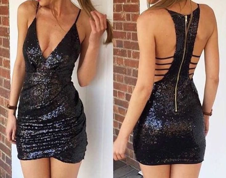 Cut Out Black Sequined V-Neck Dress