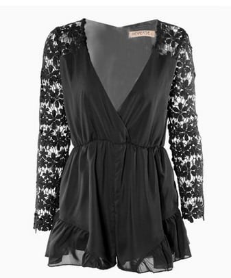 Decorative Flower Long Sleeves Playsuit Black