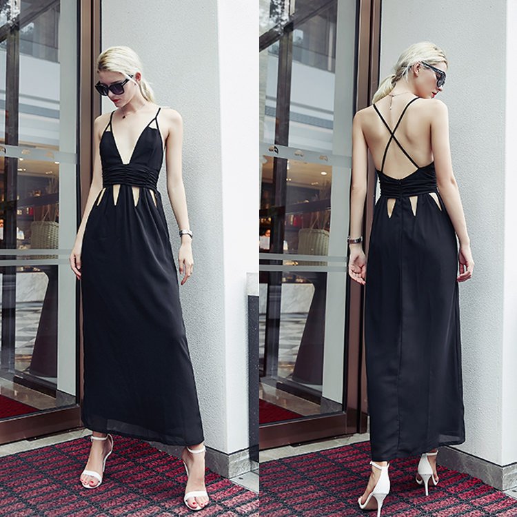 Black Delicate Maxi Dress Triangle Cutouts Around The Waist