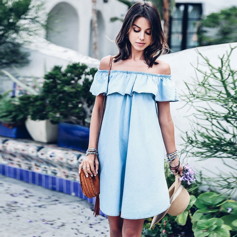Denim Bardot Off Shoulder Dress With Ruffle