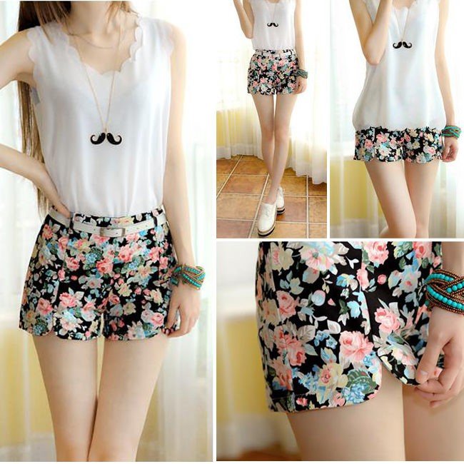 Floral Elastic High Waist Pants Shorts Mini Trouser