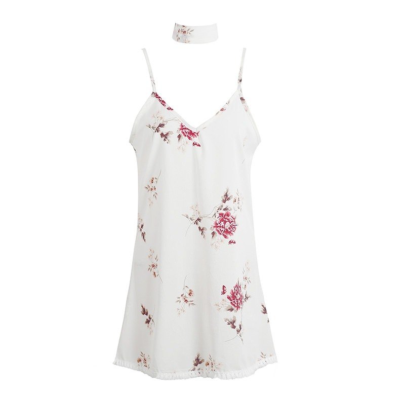 Floral Pom Pom Slip Dress With Choker