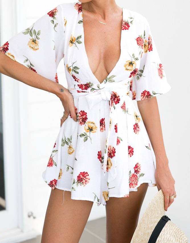 White Floral Printed Boho Playsuit