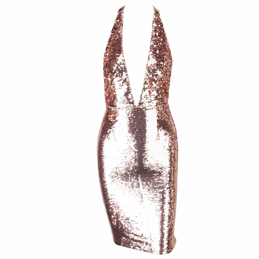 Gold Sequined Reflective V- Neck Dress