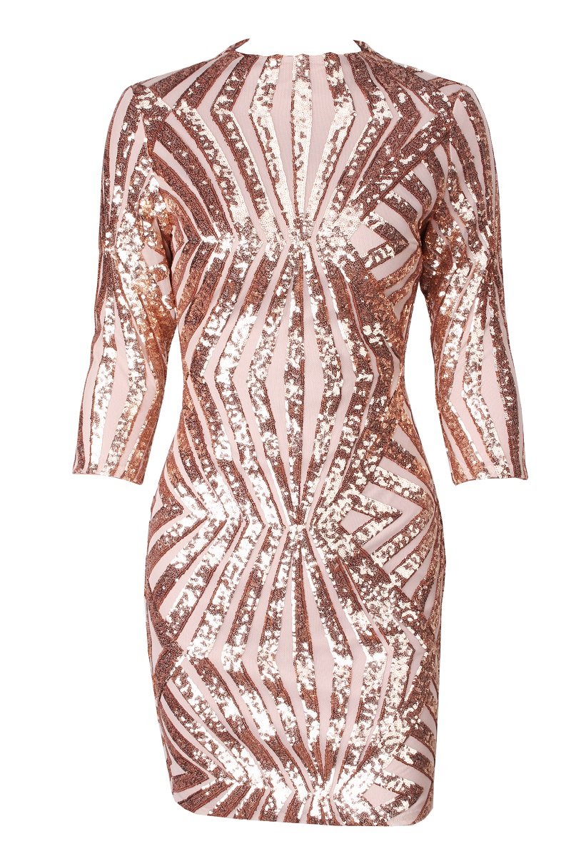 Gold Geometric Sequined and Mesh Bodycon Dress