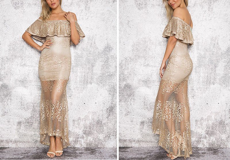 Gold Off Shoulder Asymetric Maxi Lace Dress