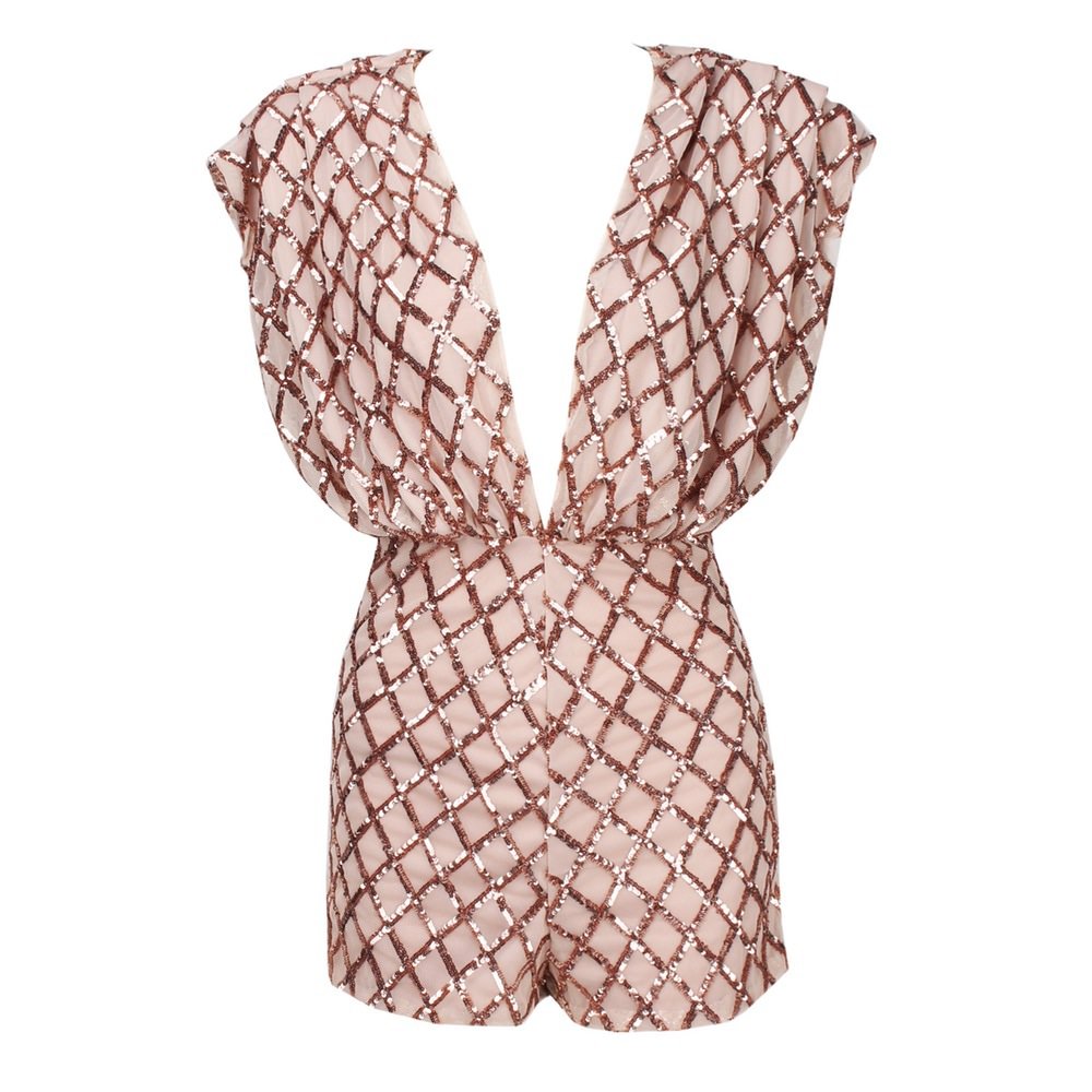 Gold Elegant V-Neck Sequined Halter Jumpsuits