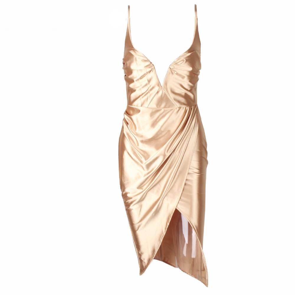 Gold Satin V-Neck Cross Wrap Drape Dress