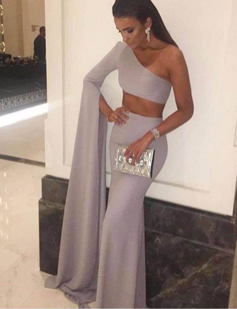 Gray Horn Sleeve Split Two Piece Dress Set