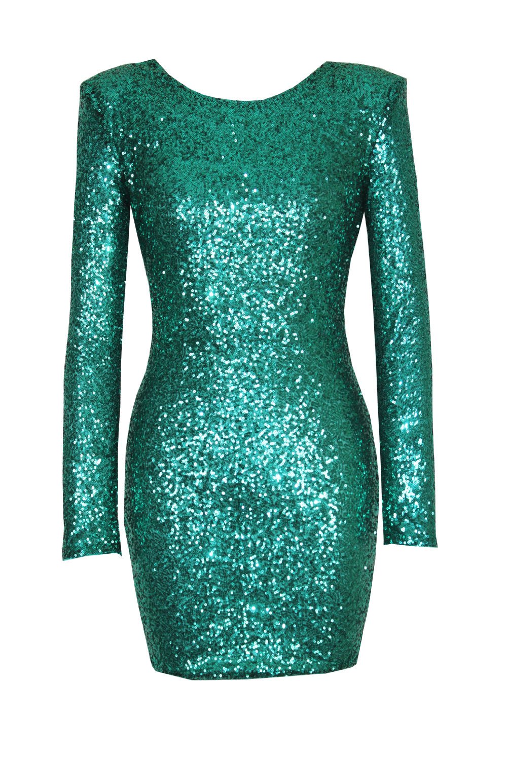 Green Halter fitting long sleeved tight sequined dresses