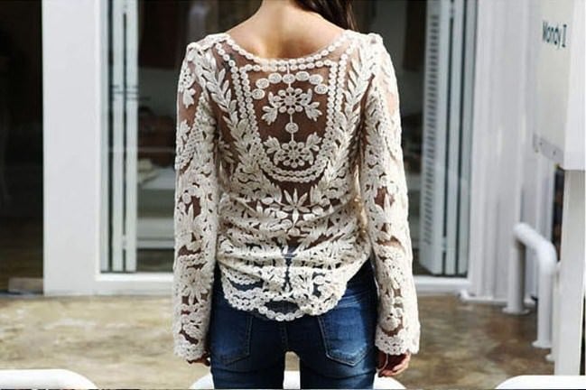 Lace Embroidered crochet Casual shirt blouse tops blusas Long sleeve Beige