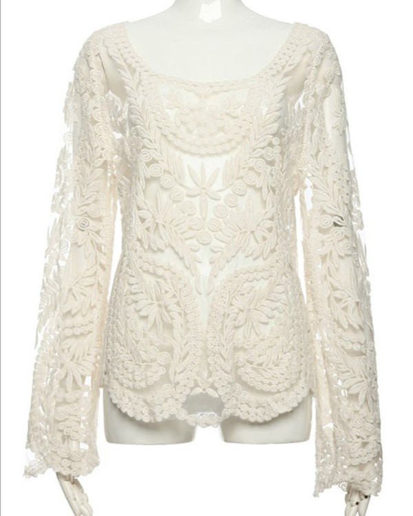 Lace Embroidered crochet Casual shirt blouse tops blusas Long sleeve White