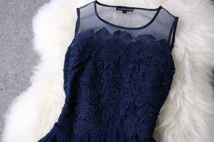 Lace hand-embroidered organza lace sleeveless dress tutu dress Blue