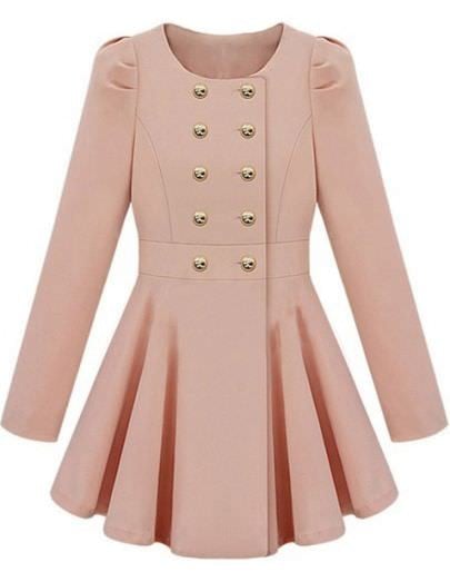 Long Sleeve Double Breasted Flare Hem Wool Coat Pink