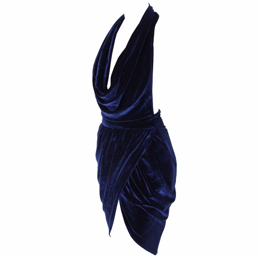 Navy Velvet Sleeveless Cowl Neck Elegant Wrap Dress