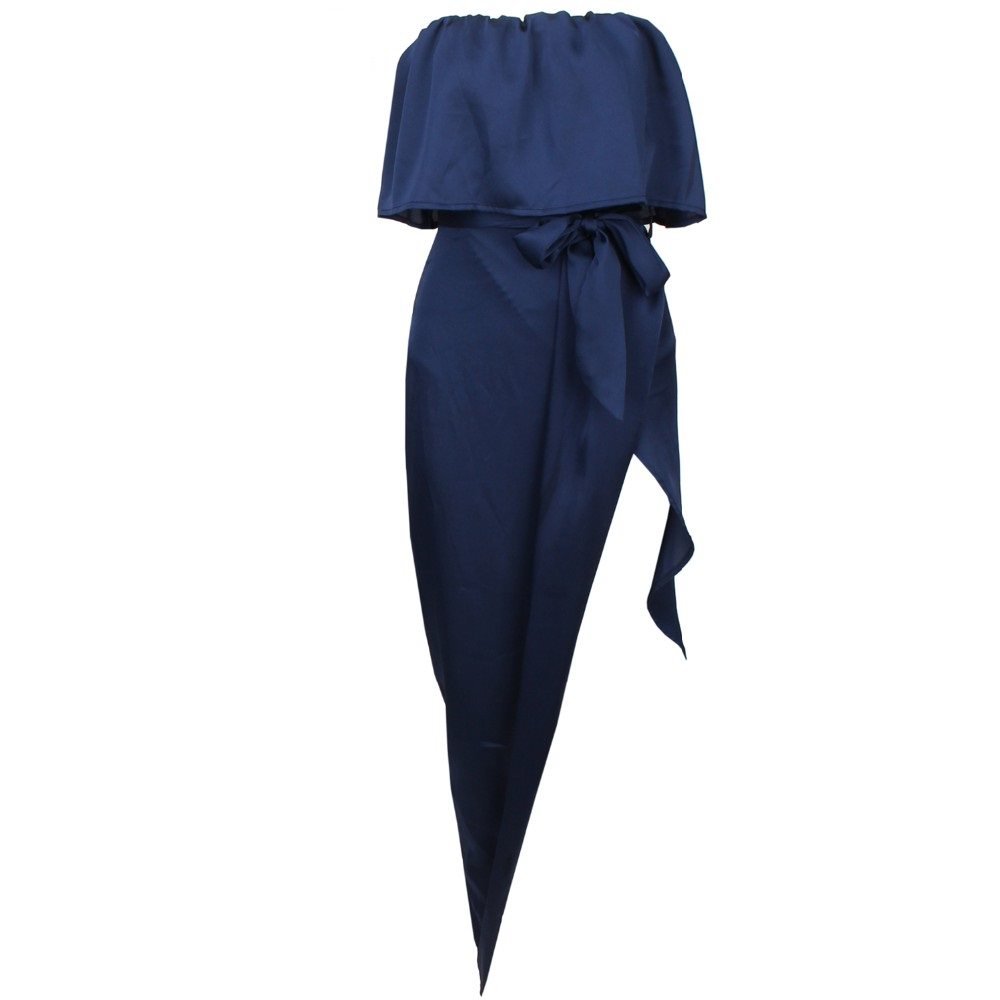 Navy Ruffle Silky Elegant Dress