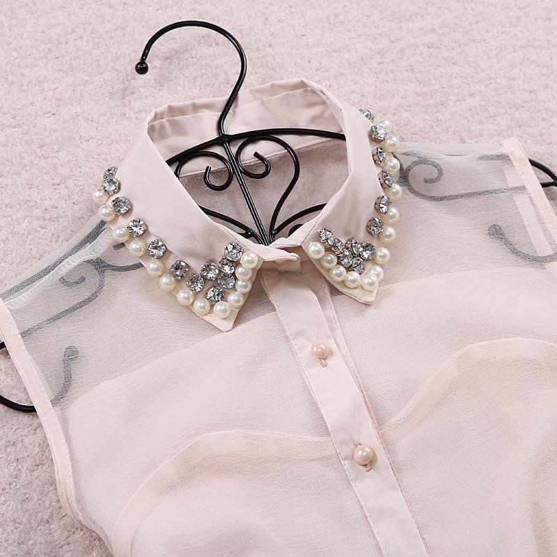 Pearl diamond lapel sleeveless chiffon gauze tutu Belt Beige