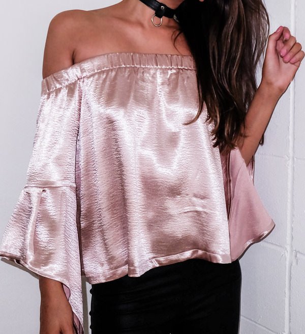 Pink Off Shoulder Flare Sleeve Blouse Satin
