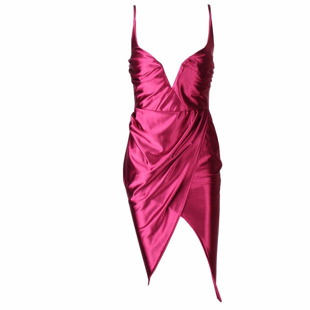 Burgundy Satin V-Neck Cross Wrap Drape Dress