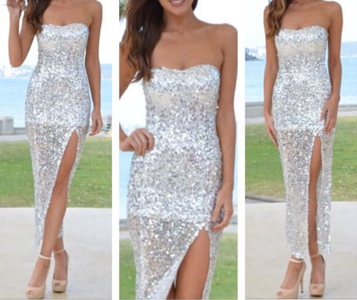 Silver Sequin Long Strapless Dress