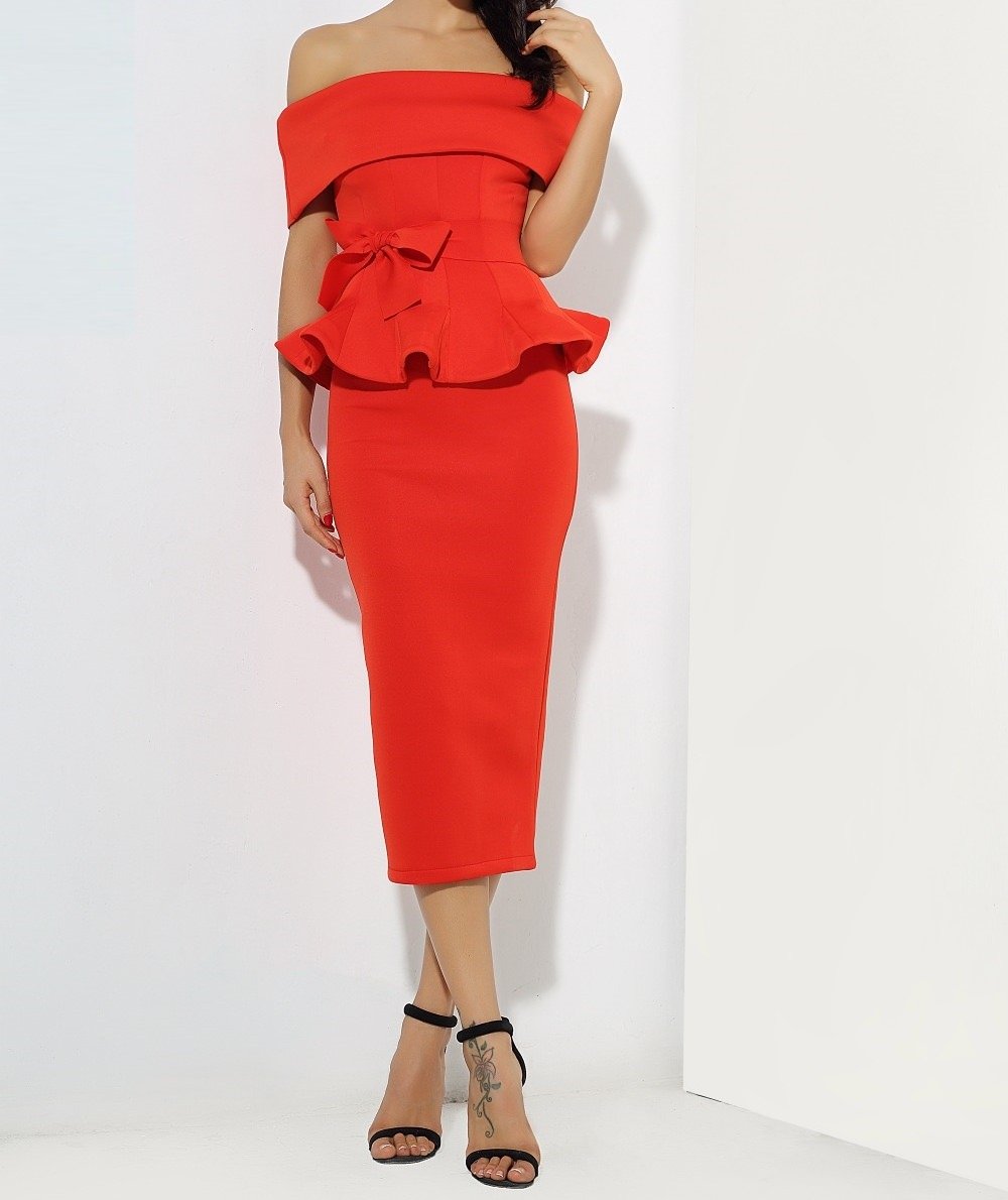 Red Off Shoulder Peplum Bodycon Two Pieces Bow Belt Sets