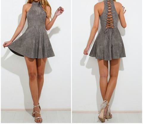 Grey Faux Suede Lace Up Short Dress