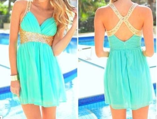 Sequins Teal Gold Chiffon Back Cross Mint