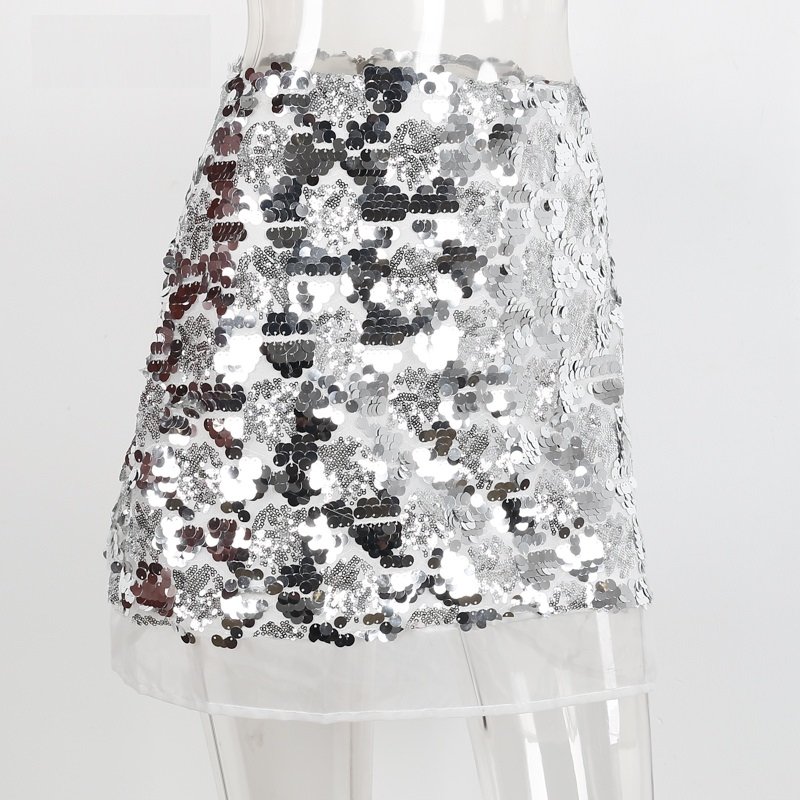 Silver Sequin Mesh Llined Skirt